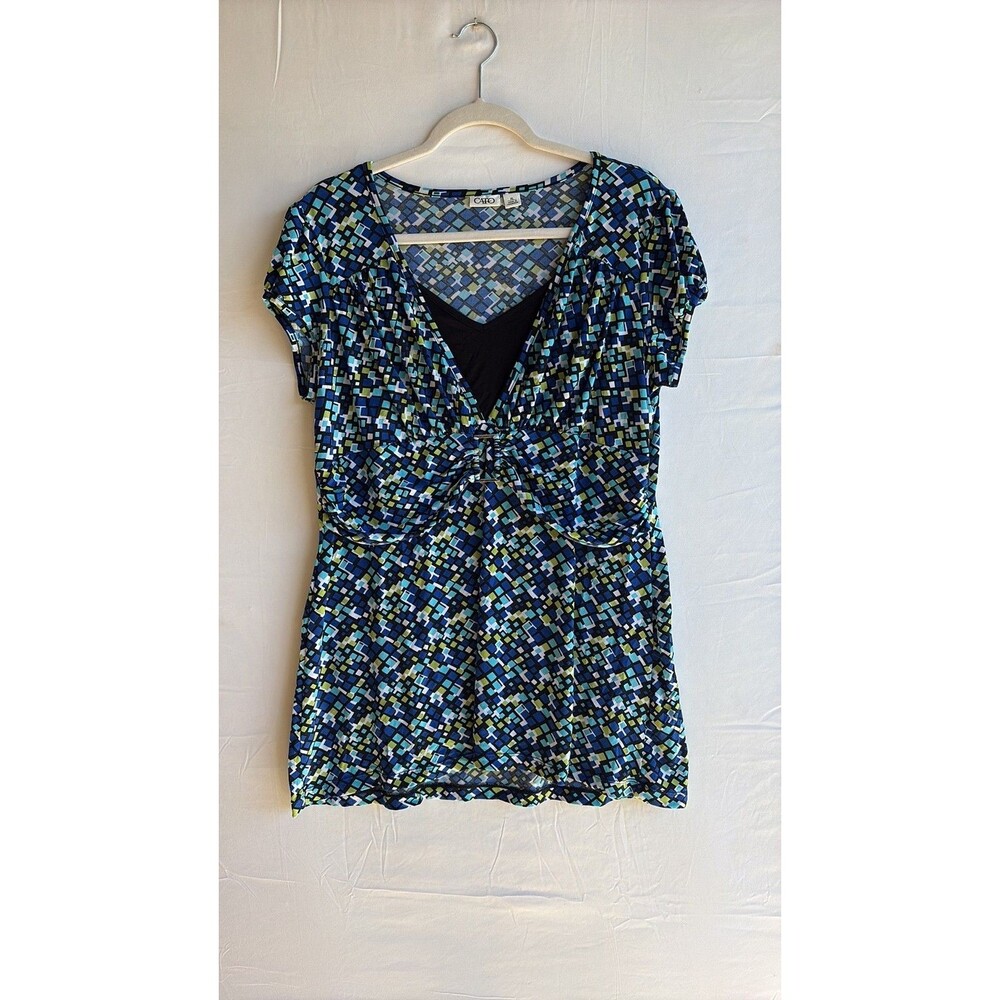 Cato Blue Geometric Mosaic Layered-Look V-Neck Top